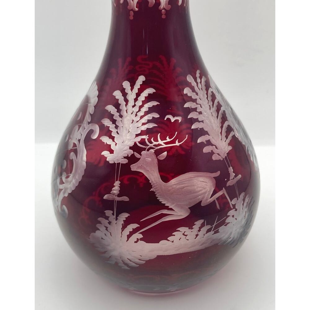 VTG Ruby Red Barber Bottle w/Cut to Clear Etched Castle Tower Nature Scenes 8.5"